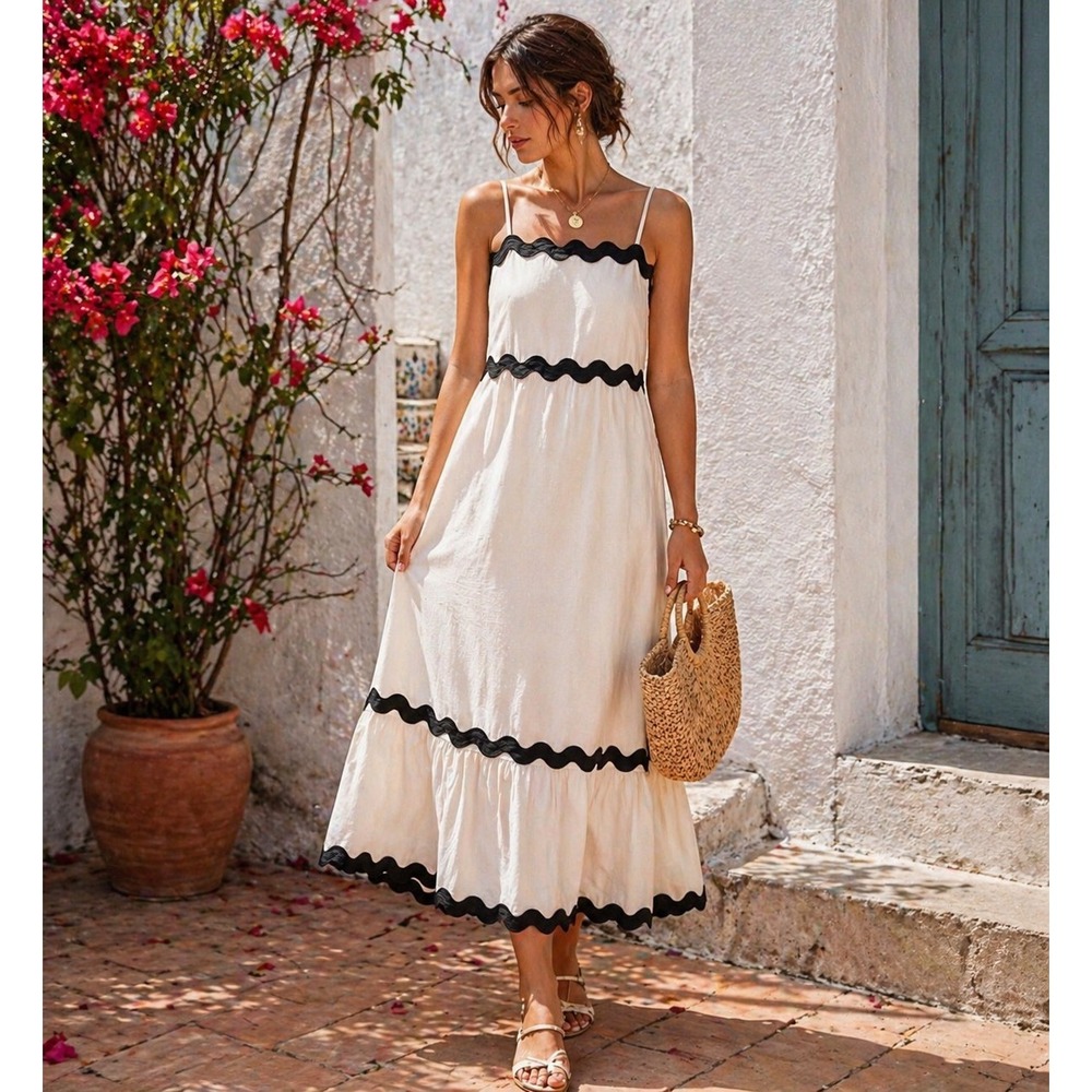 ZESICA Midi Dress Small Cream Black Trim Sleeveless Boho Summer Flowy